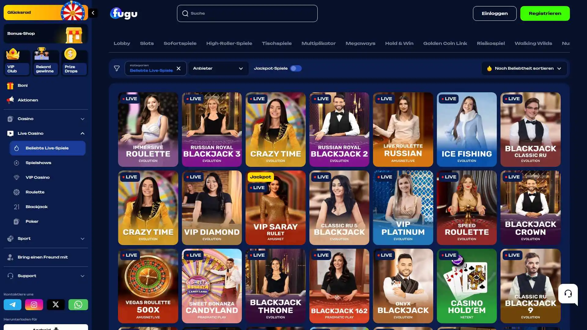 Live-Bereich mit 1.125 Tischen und Game-Shows bei Fugu Casino