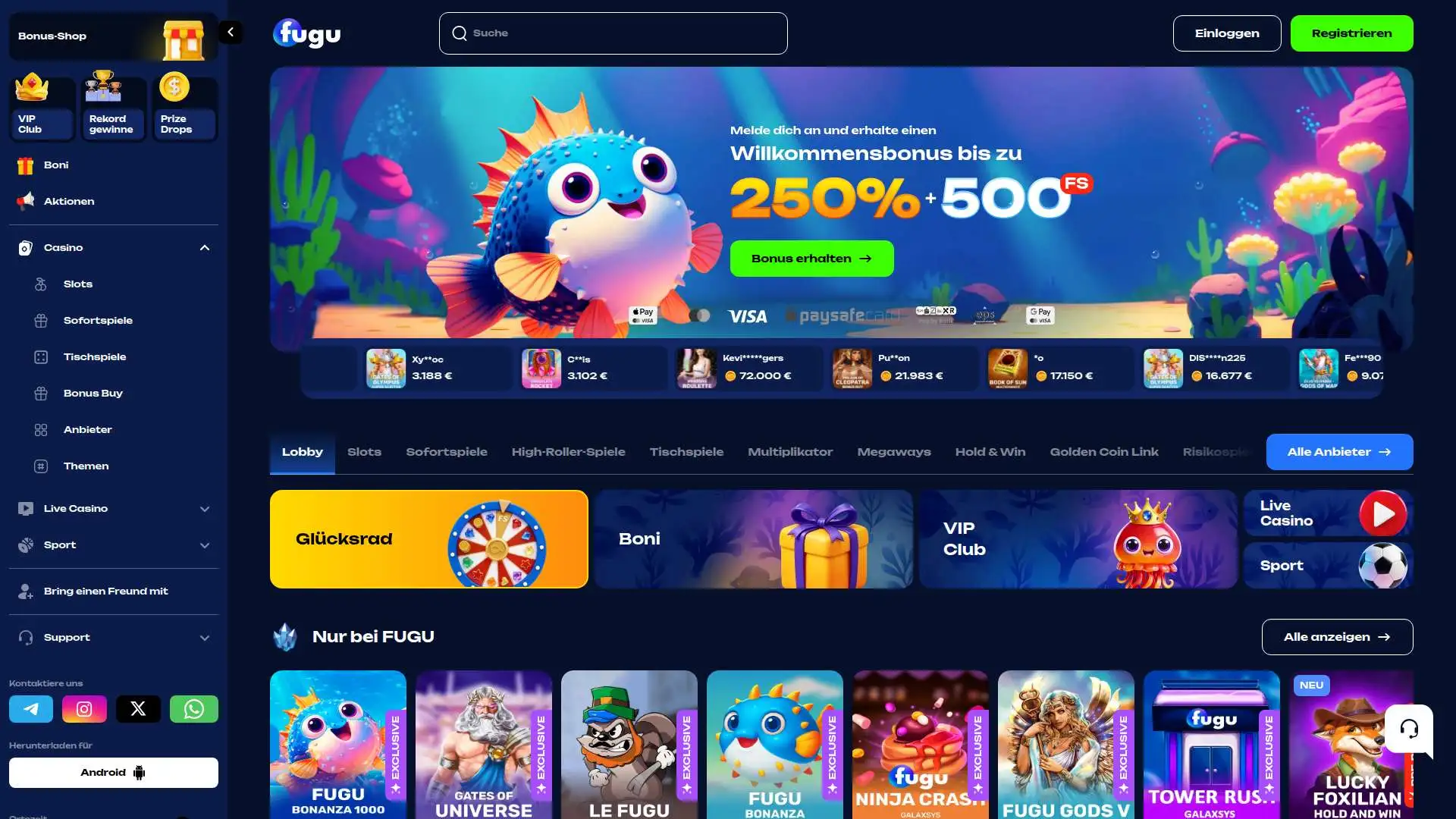 Methoden: Krypto, Revolut, MiFinity und Banküberweisung bei Fugu Casino